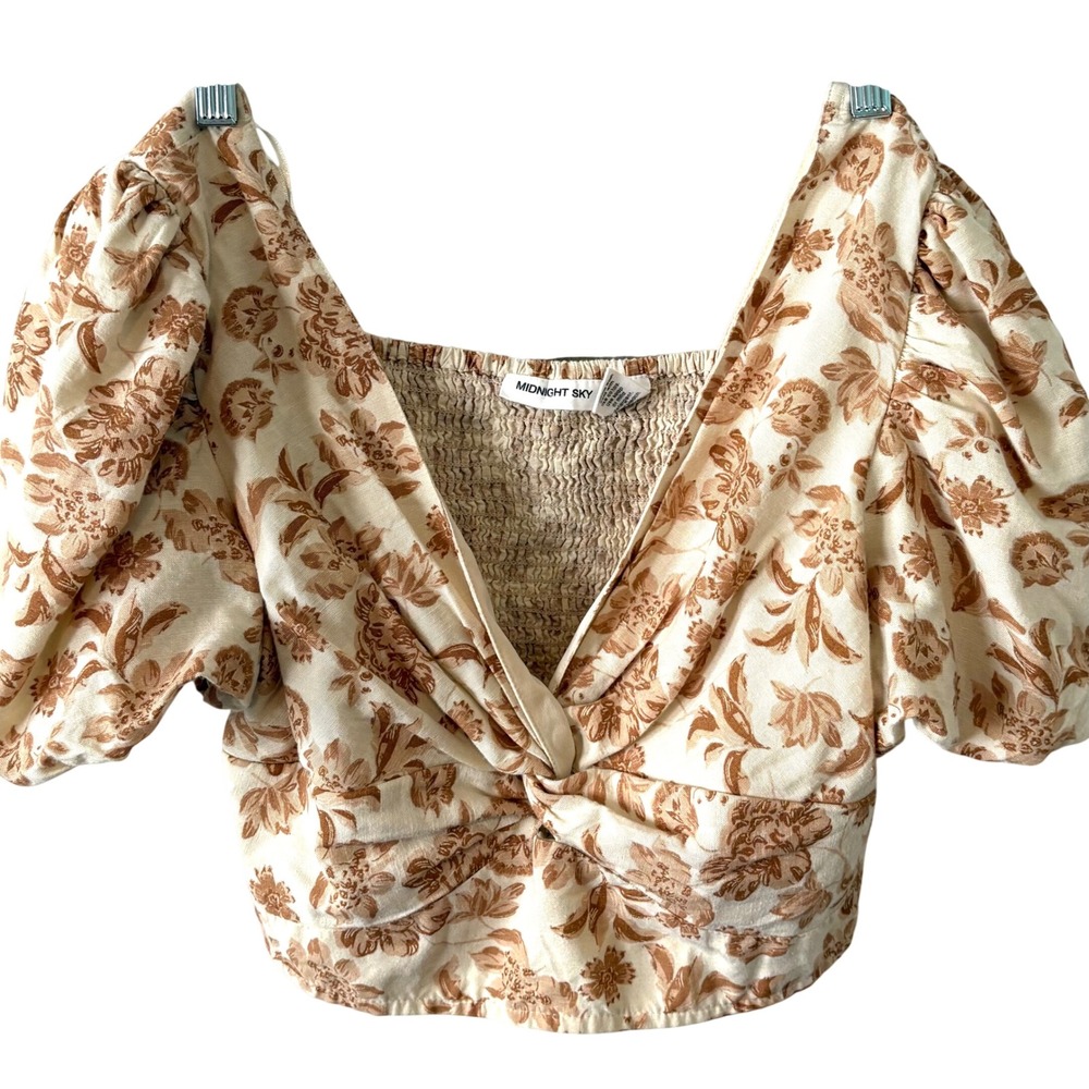 Midnight Sky Beige and Tan Floral Linen Blend Twist Front Crop Top in Size L
